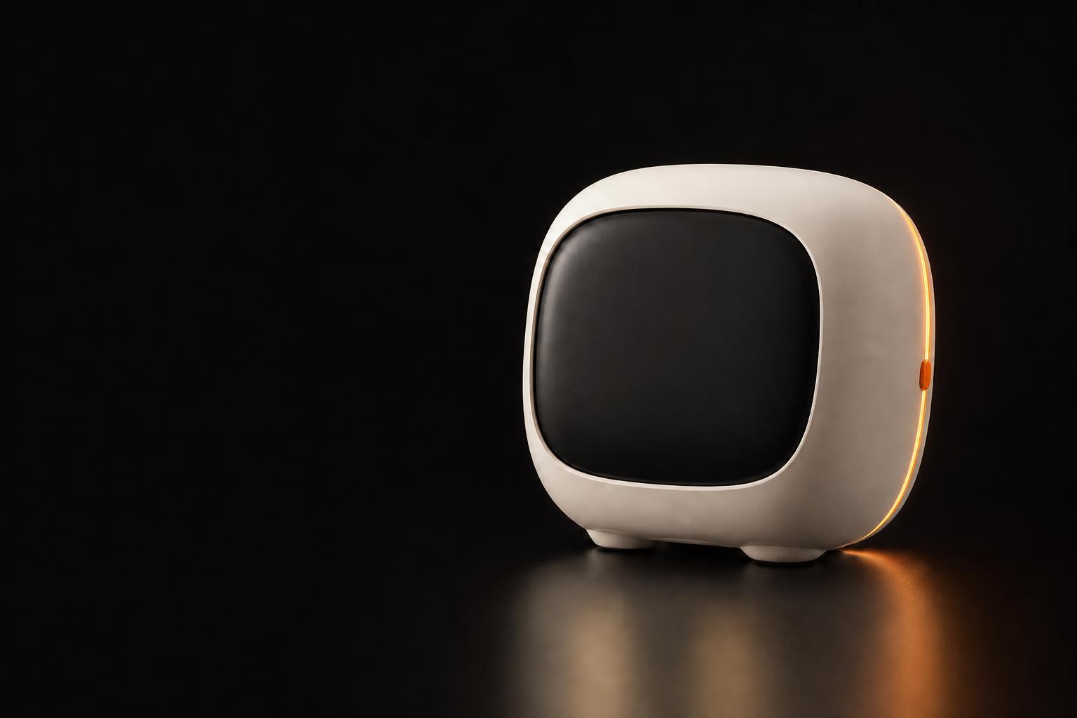 cream desktop robot with a black screen face